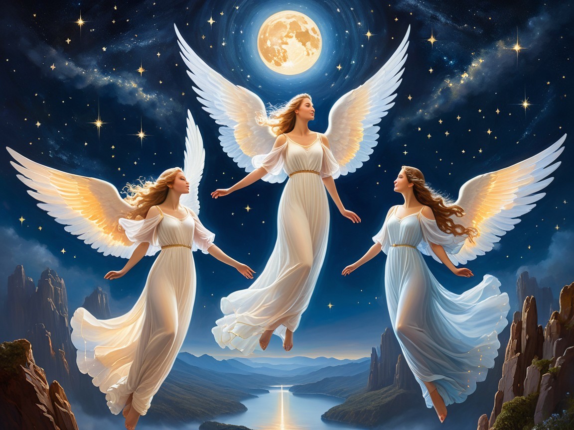 Angels Soaring in a Starry Night Sky with Moonlight