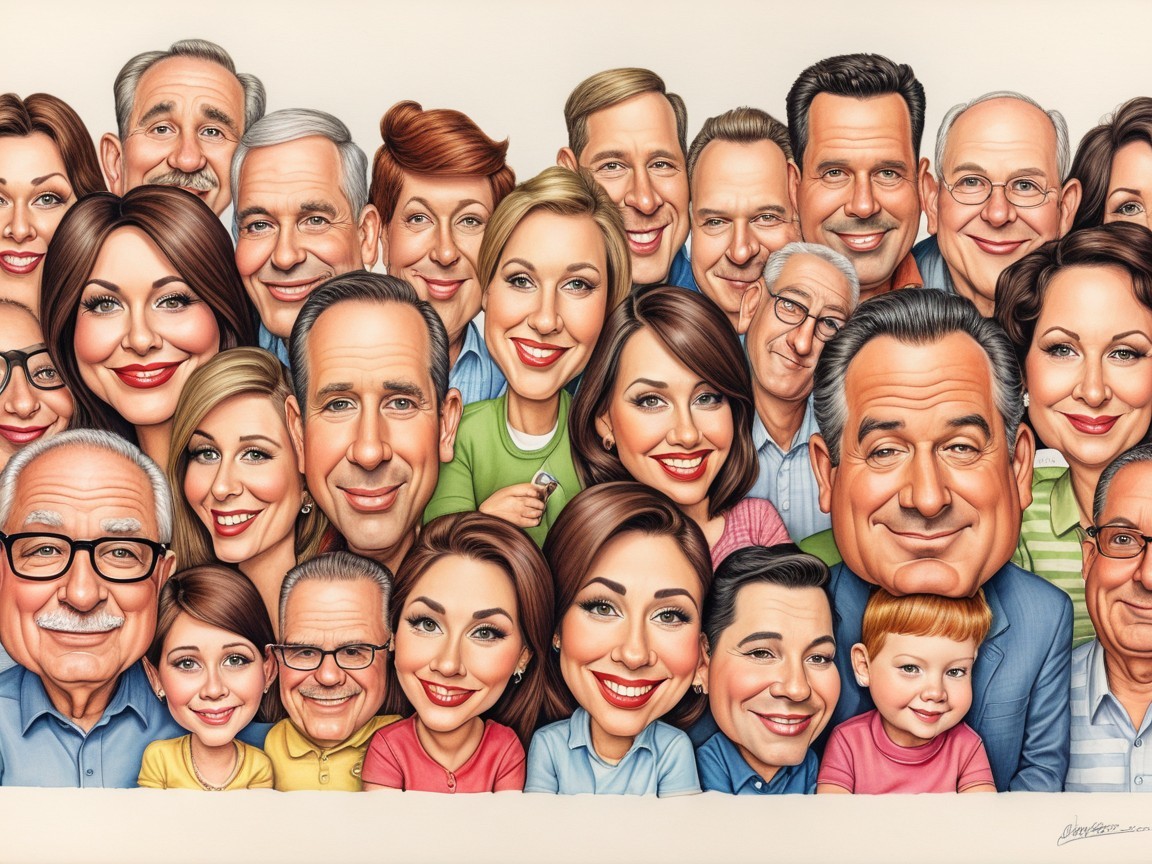 Detailed Caricature of Diverse, Smiling Crowd