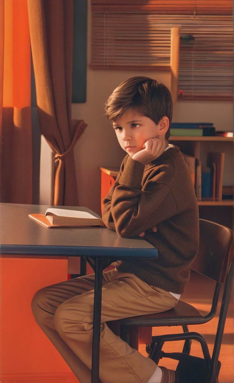 Young boy in cozy room with open book and sunlight