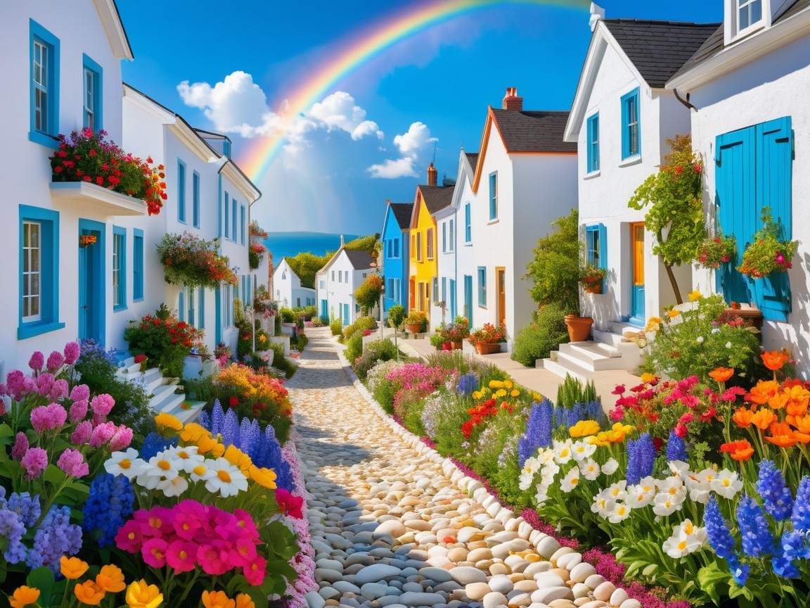 Charming Village Street with Colorful Houses and Rainbow
