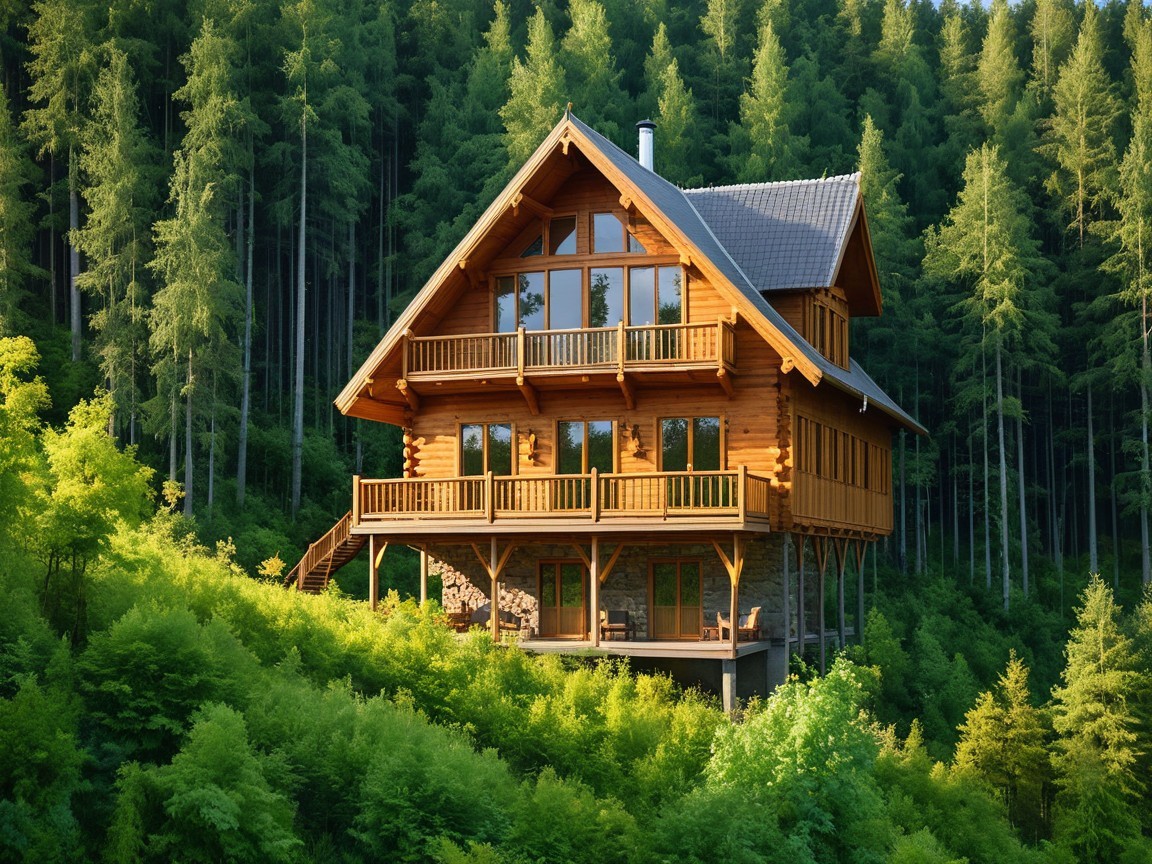 Wooden cabin surrounded by lush green trees and foliage
