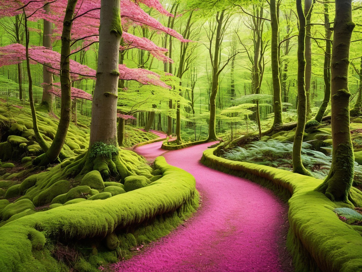 Serene Forest Pathway with Lush Greenery and Pink Trees