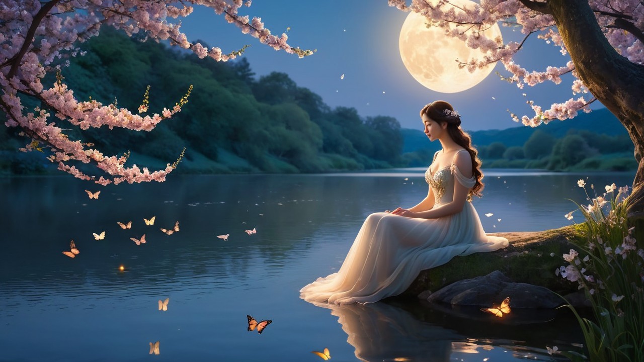 Serene Woman by River Under Full Moon and Blossoms