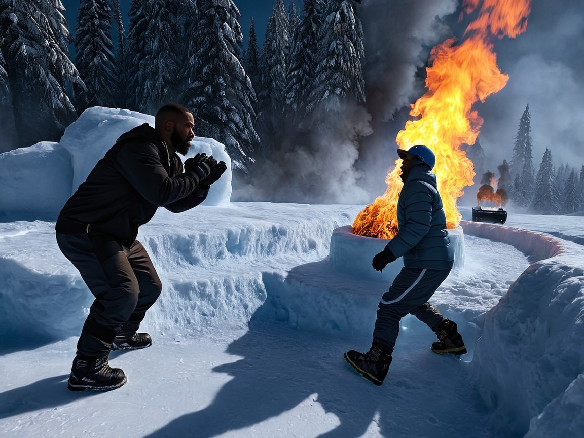 Two Men in Snowy Landscape with Bonfire and Pines