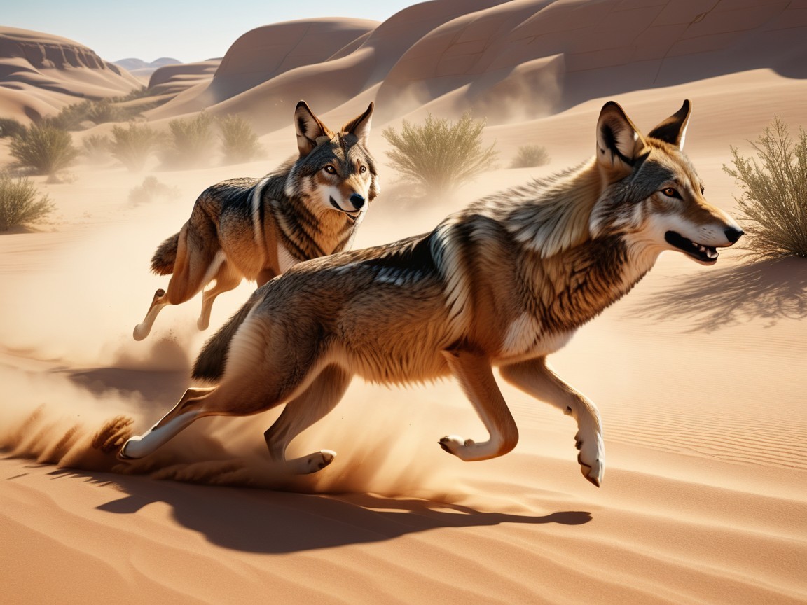 Coyotes Running in a Sandy Desert Landscape
