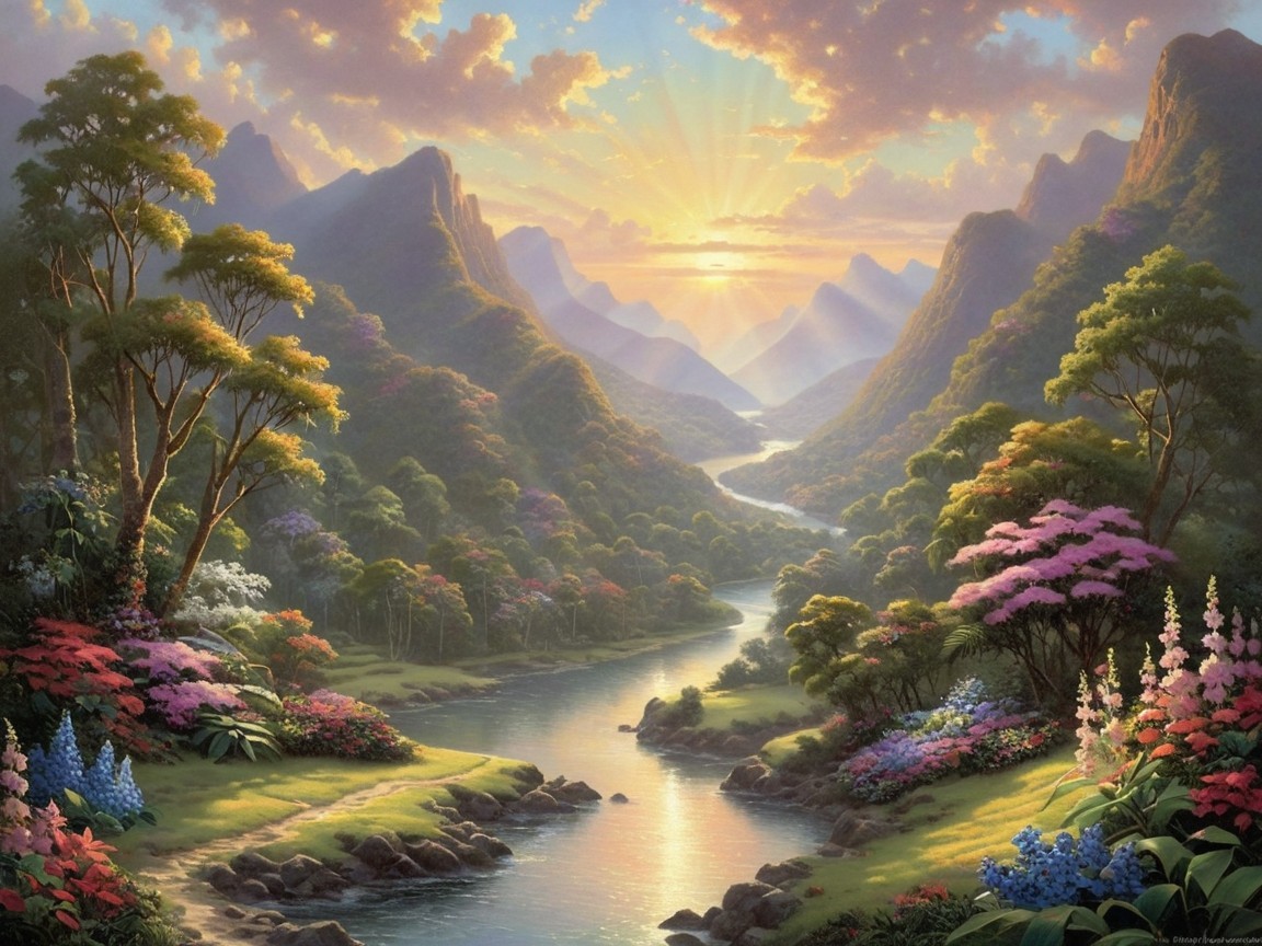 Vibrant Valley Landscape with Mountains and River