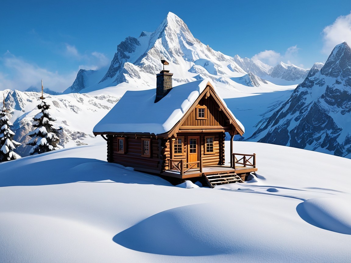 Wooden cabin in snowy landscape with mountains and pines