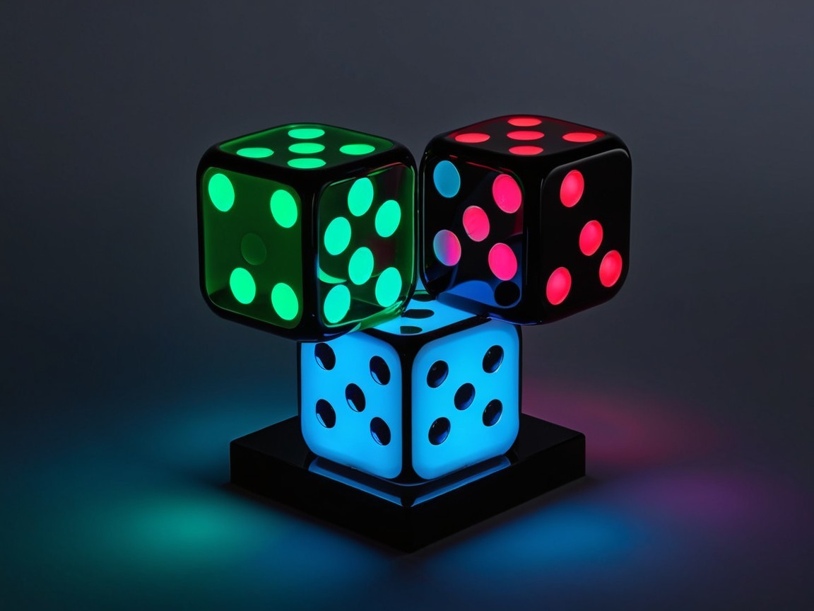 Glowing Dice Stacked on Dark Background Display
