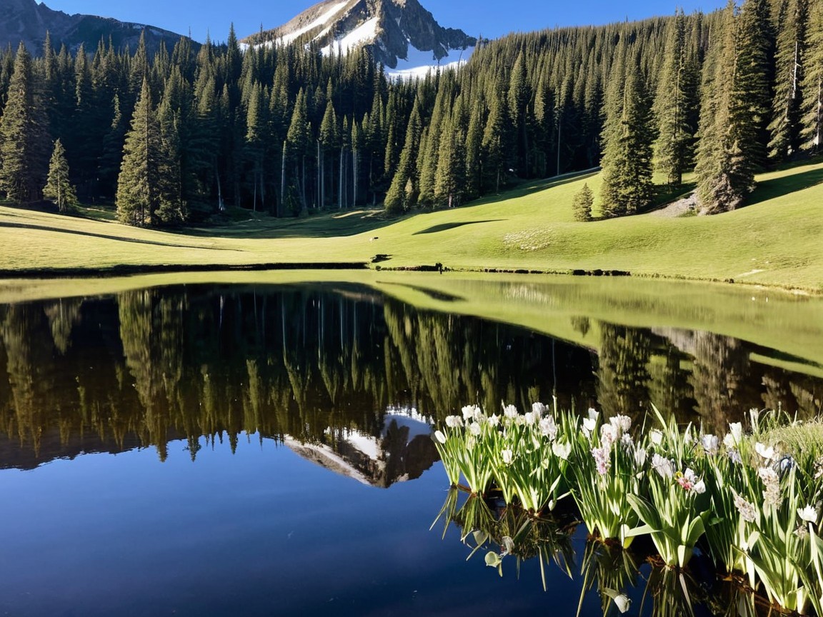 Serene Landscape with Lake, Mountains, and Flowers