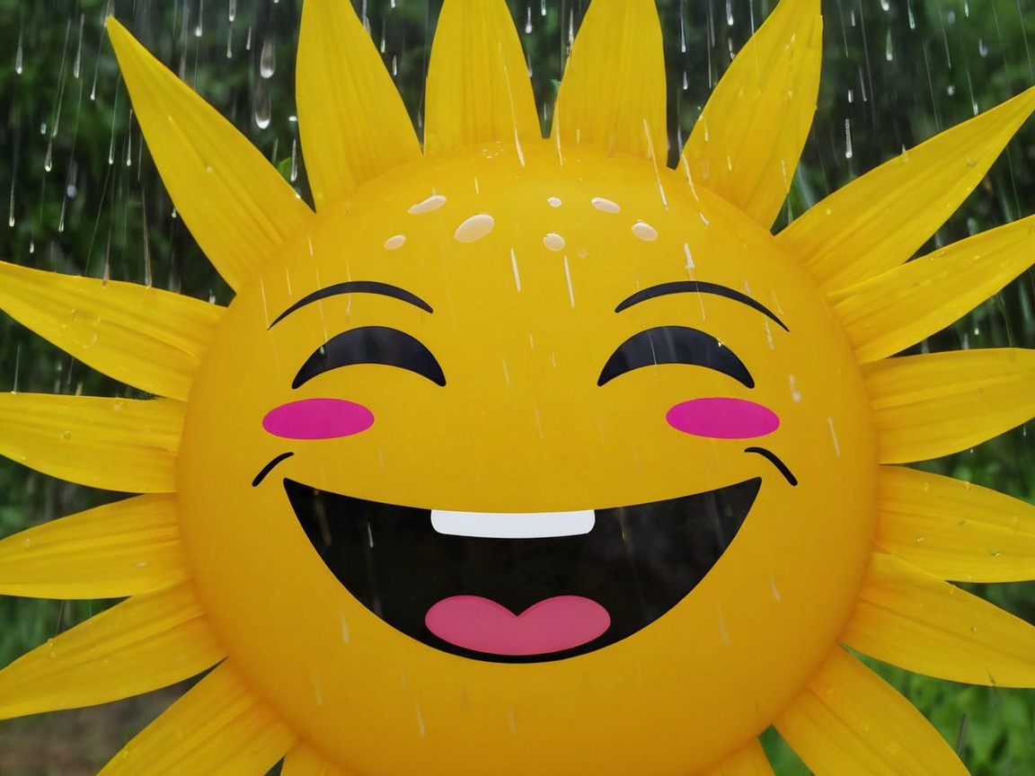 Cheerful Sun Emoji Surrounded by Raindrops