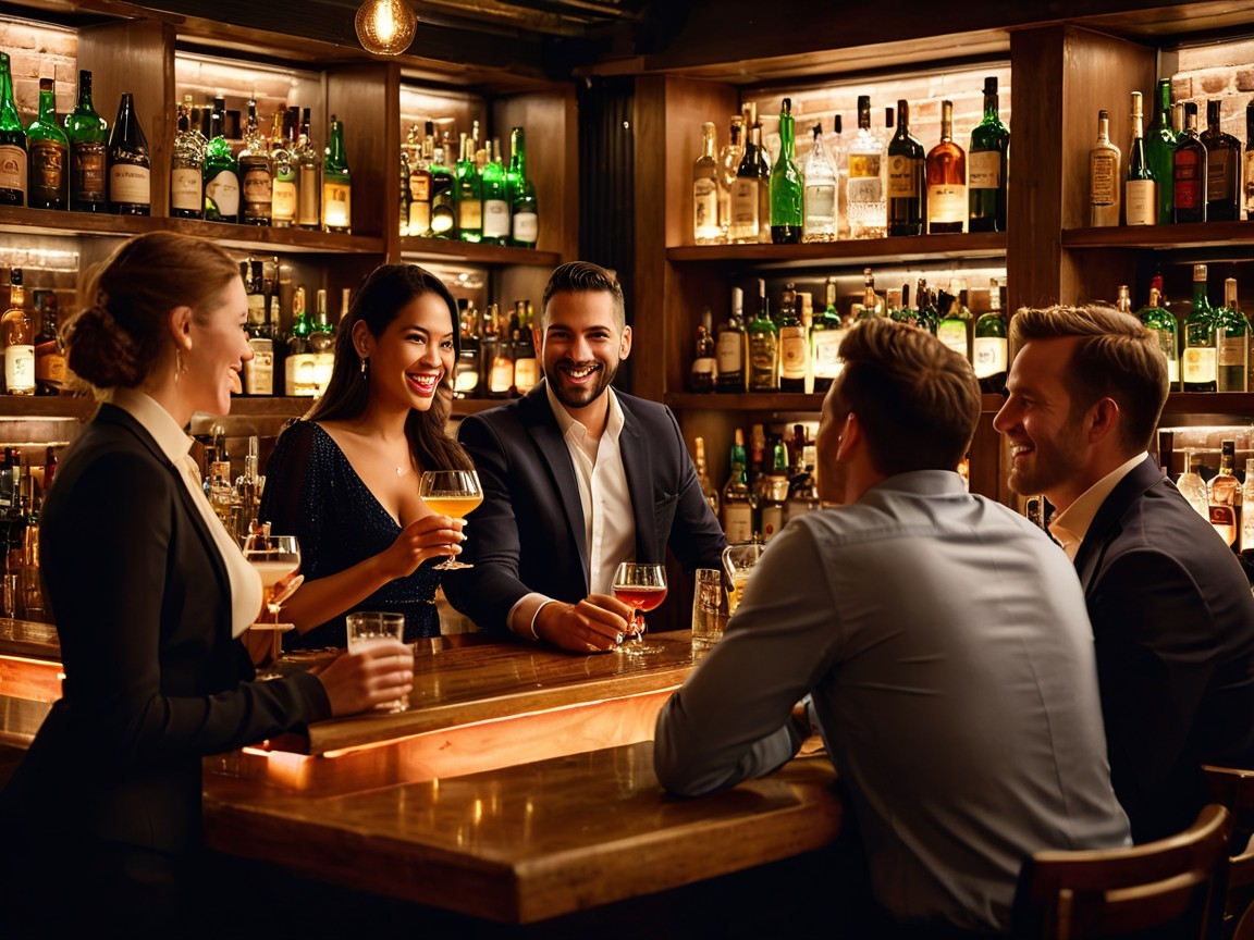 Lively Bar Scene with Well-Dressed Individuals Conversing