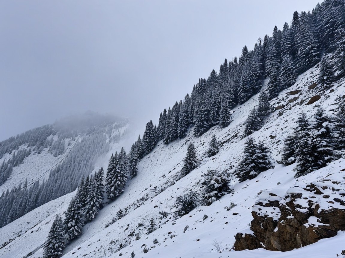 Snowy Alpine Landscape with Pine Trees and Mountains