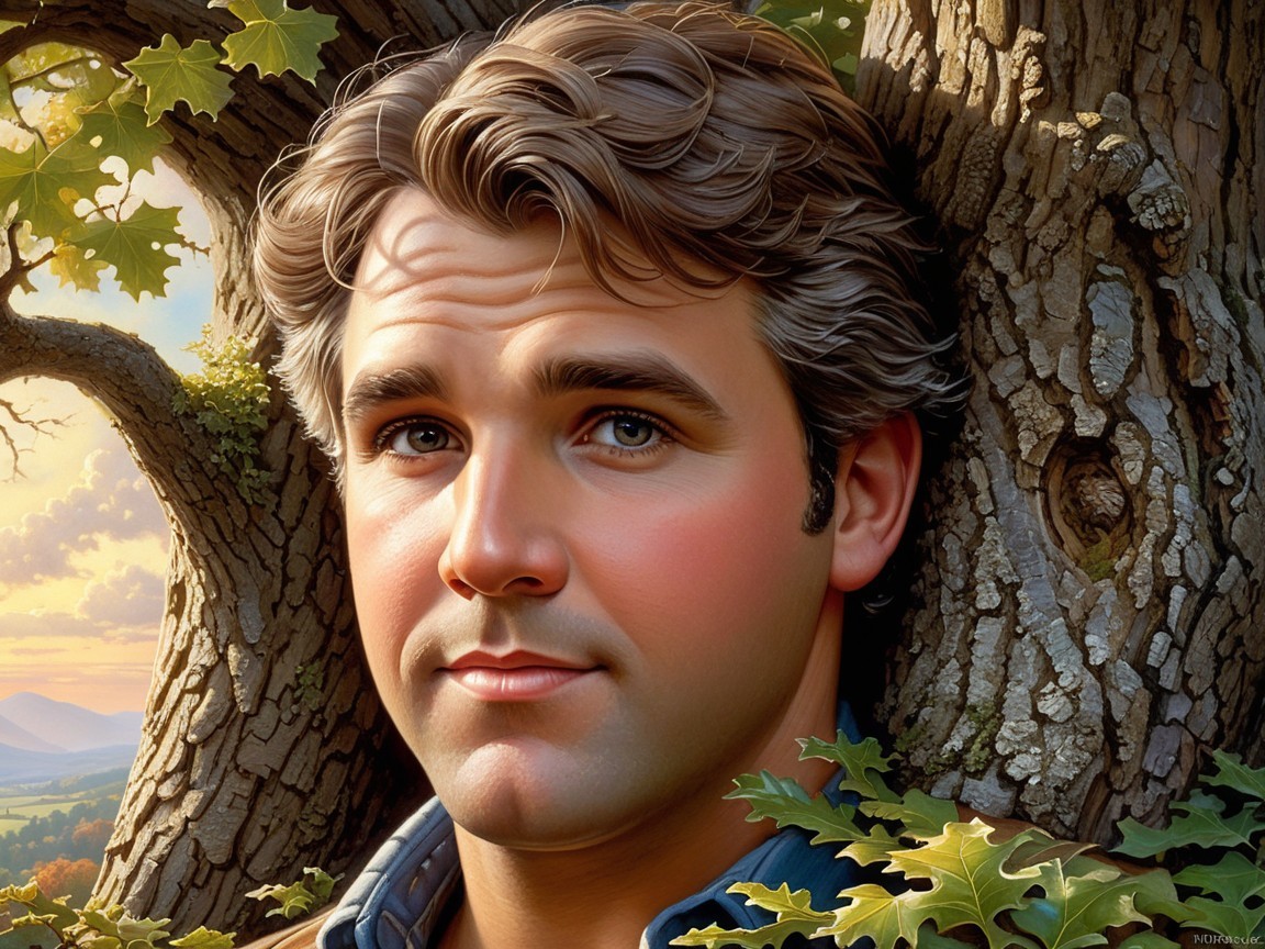 Young man with wavy hair in a serene landscape