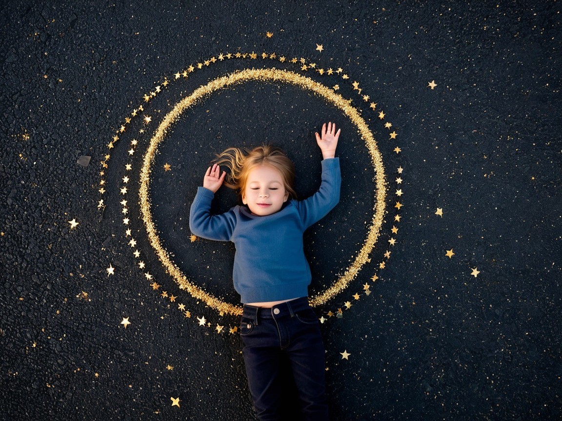 Child Surrounded by Golden Stars on Dark Surface