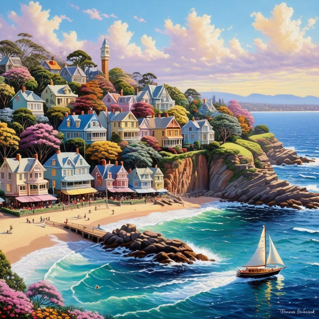 Coastal Village with Victorian Houses and Scenic Beach