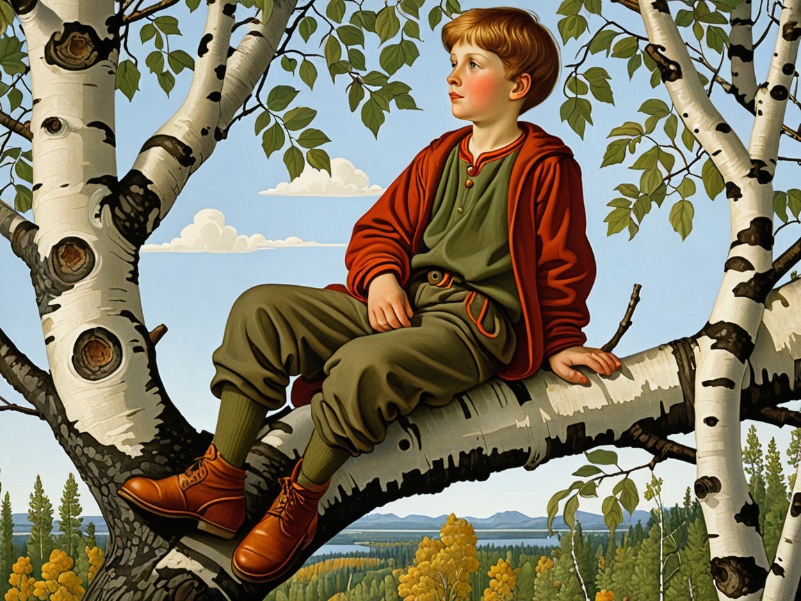 Young boy sitting on birch tree branch in nature