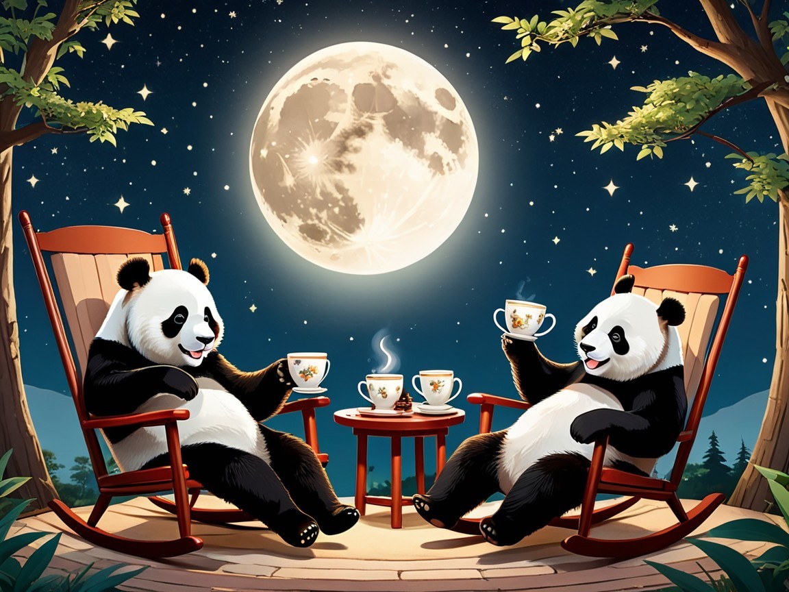 Pandas Enjoy Tea Under the Full Moon at Night