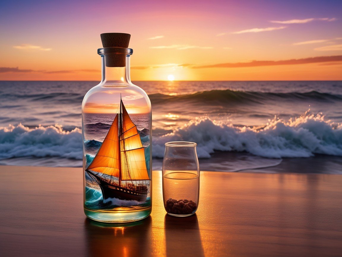 Glass Bottle with Sailing Ship and Sunset Reflection