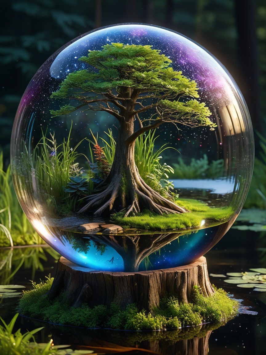 Close-Up of Glass Sphere with Bonsai and Nebula Reflection