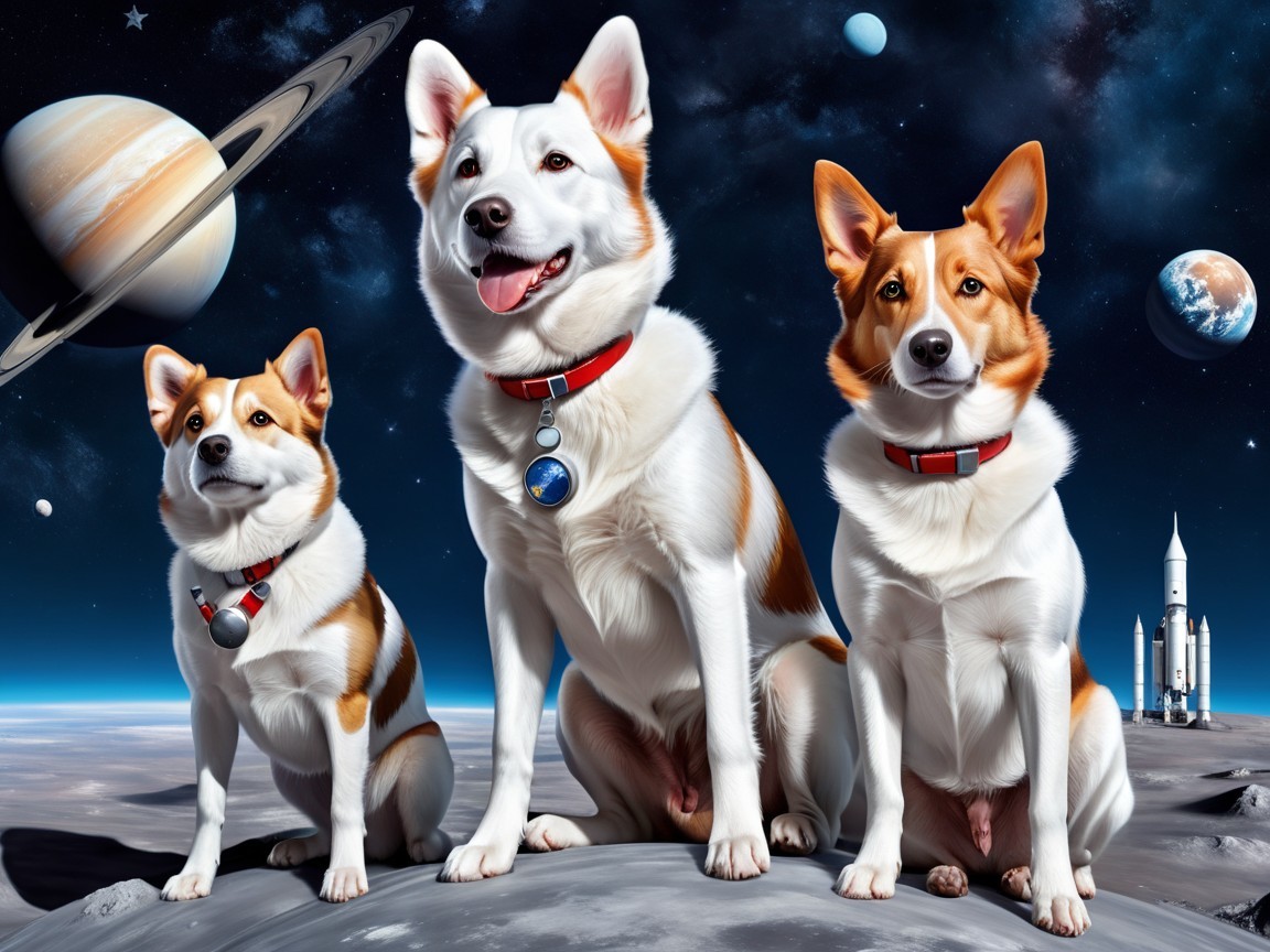 Corgi-like Dogs on Lunar Landscape with Rocket and Planets