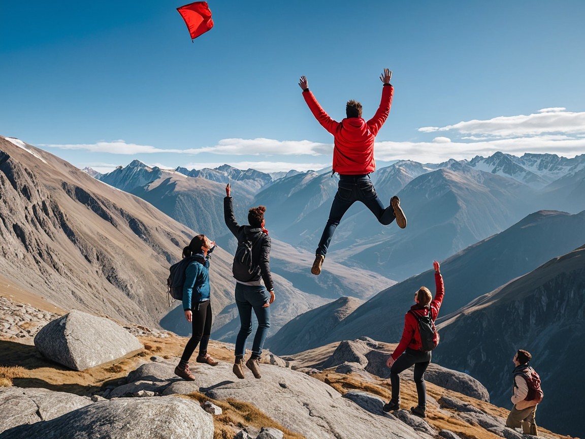 Hikers on Rocky Terrain with Majestic Mountains