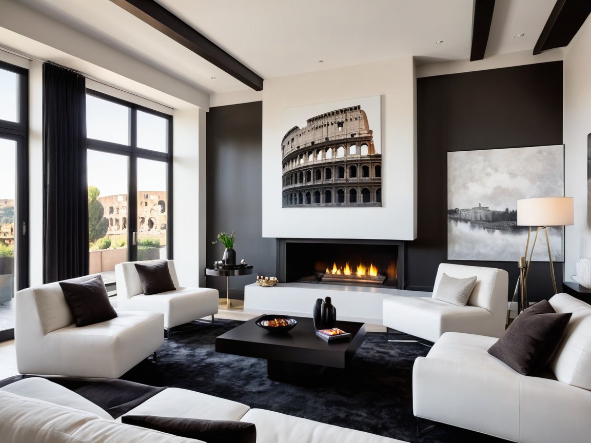 Modern Living Room with White Furniture and Dark Wall