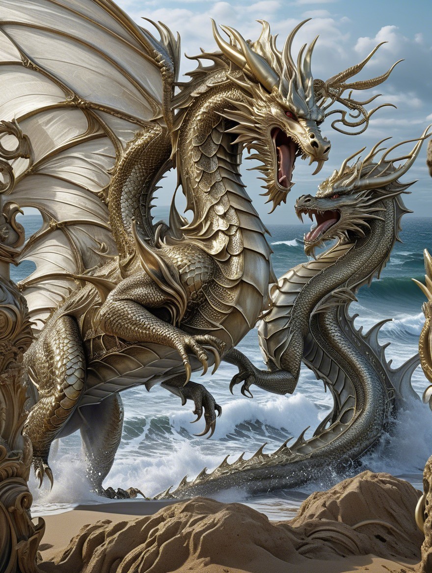 Dragons Emerging from Waves in a Mythical Ocean Scene