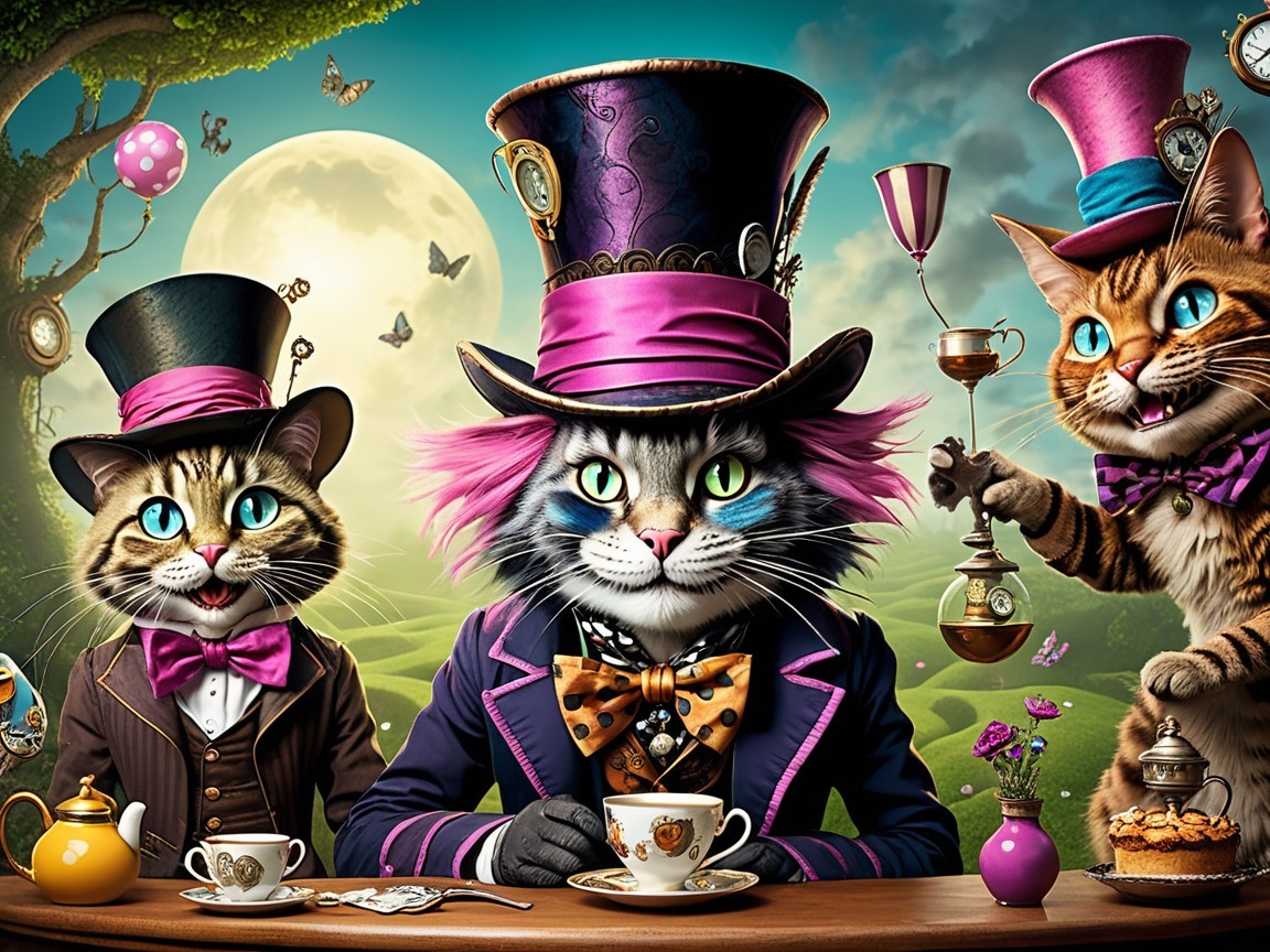 Cats in Top Hats at Enchanted Tea Party Scene