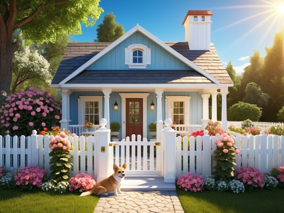 Charming blue cottage with vibrant flowers and dog
