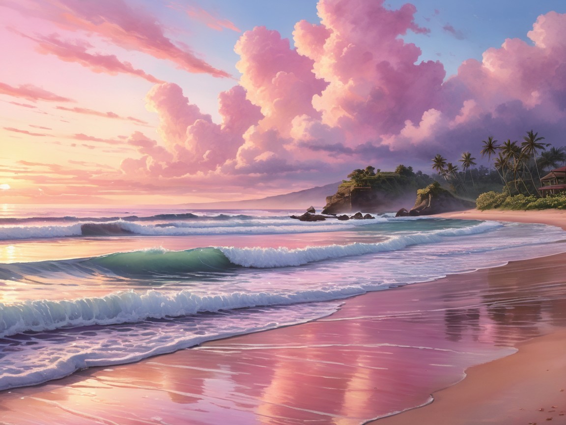 Serene beach sunset with calm waters and palm trees