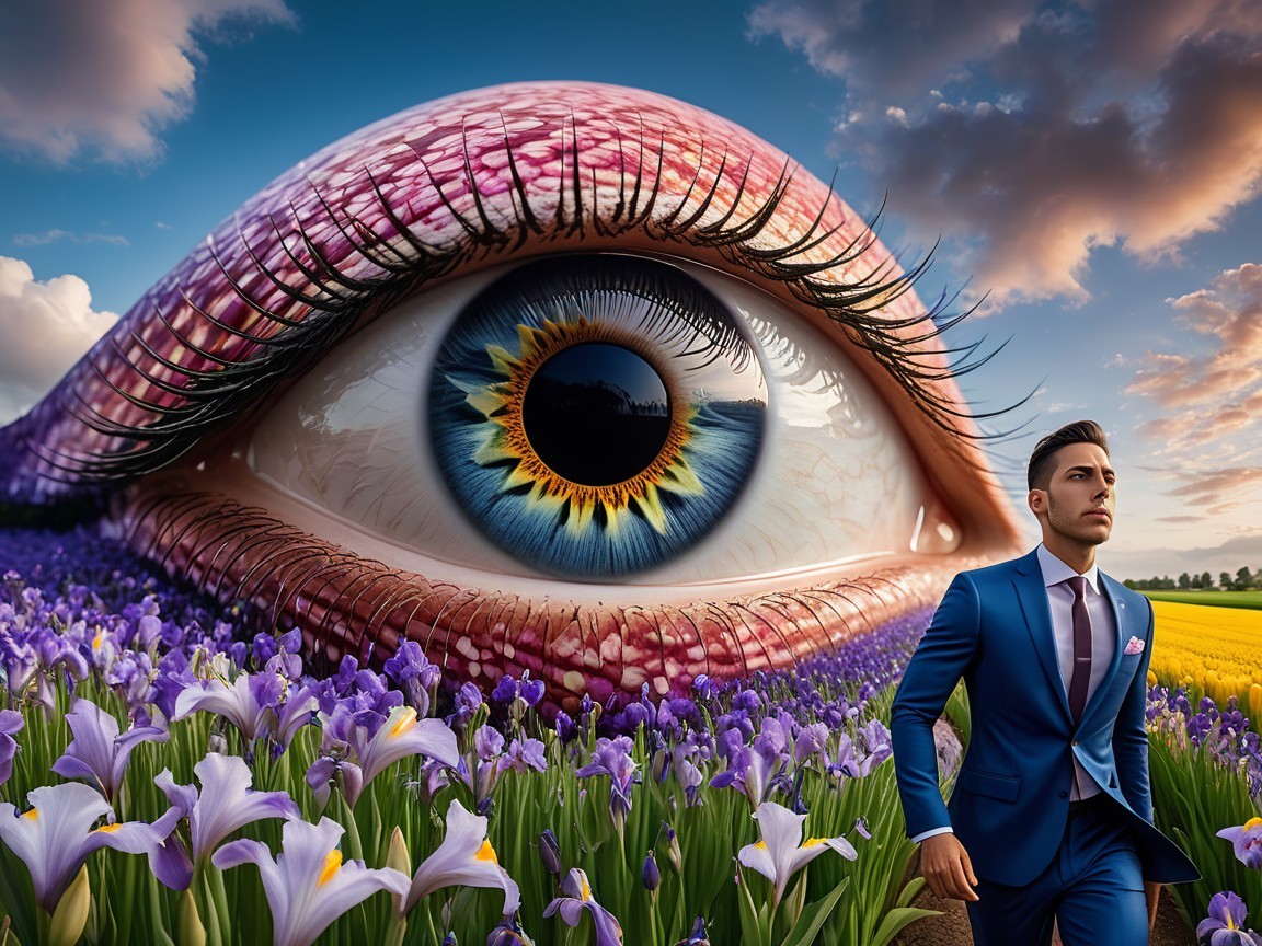 Surreal Landscape with Giant Eye and Vibrant Irises