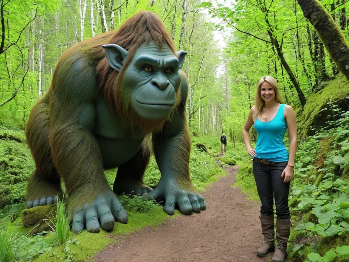 Blonde Woman and Bigfoot-like Creature in Forest Setting