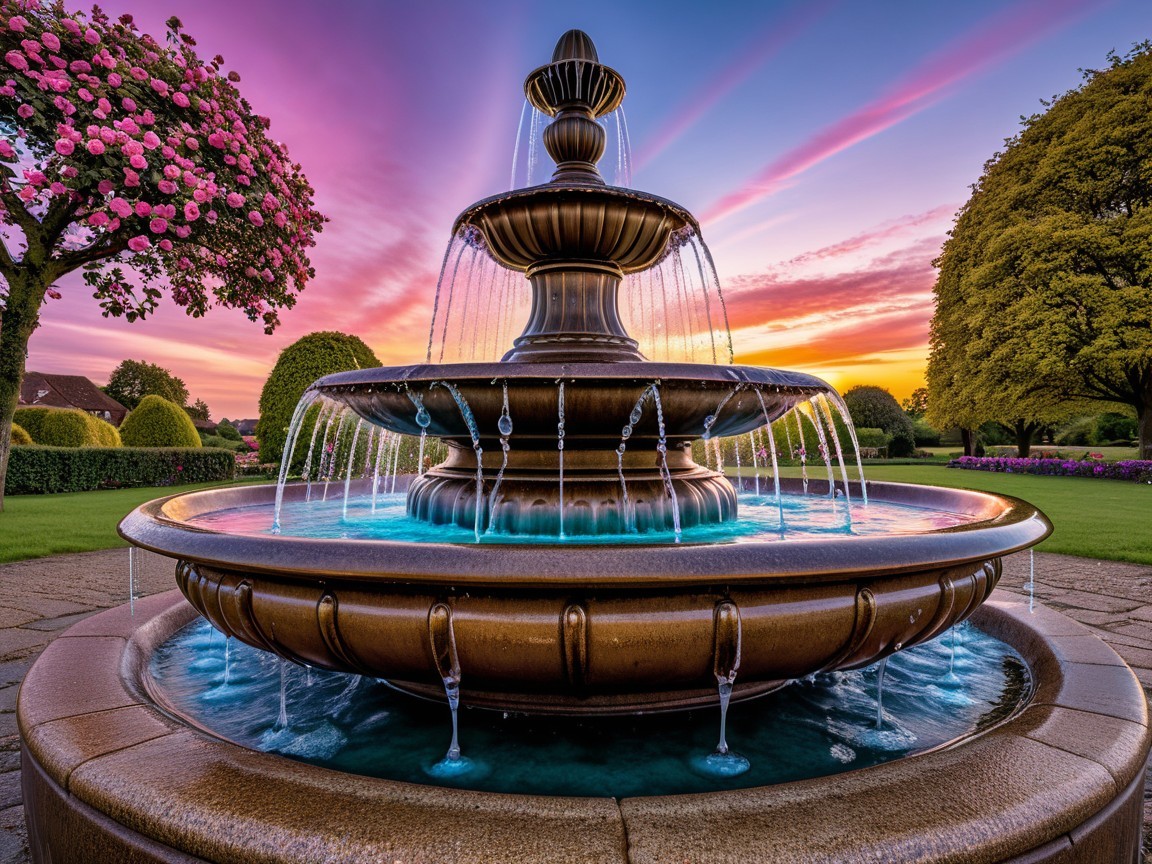 Multi-tiered fountain in a vibrant sunset garden