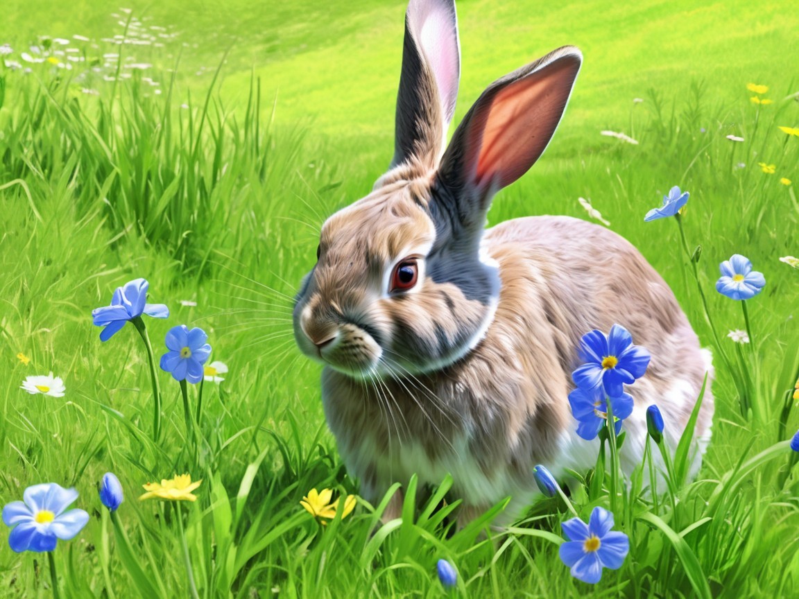 Fluffy Rabbit in a Vibrant Meadow with Flowers