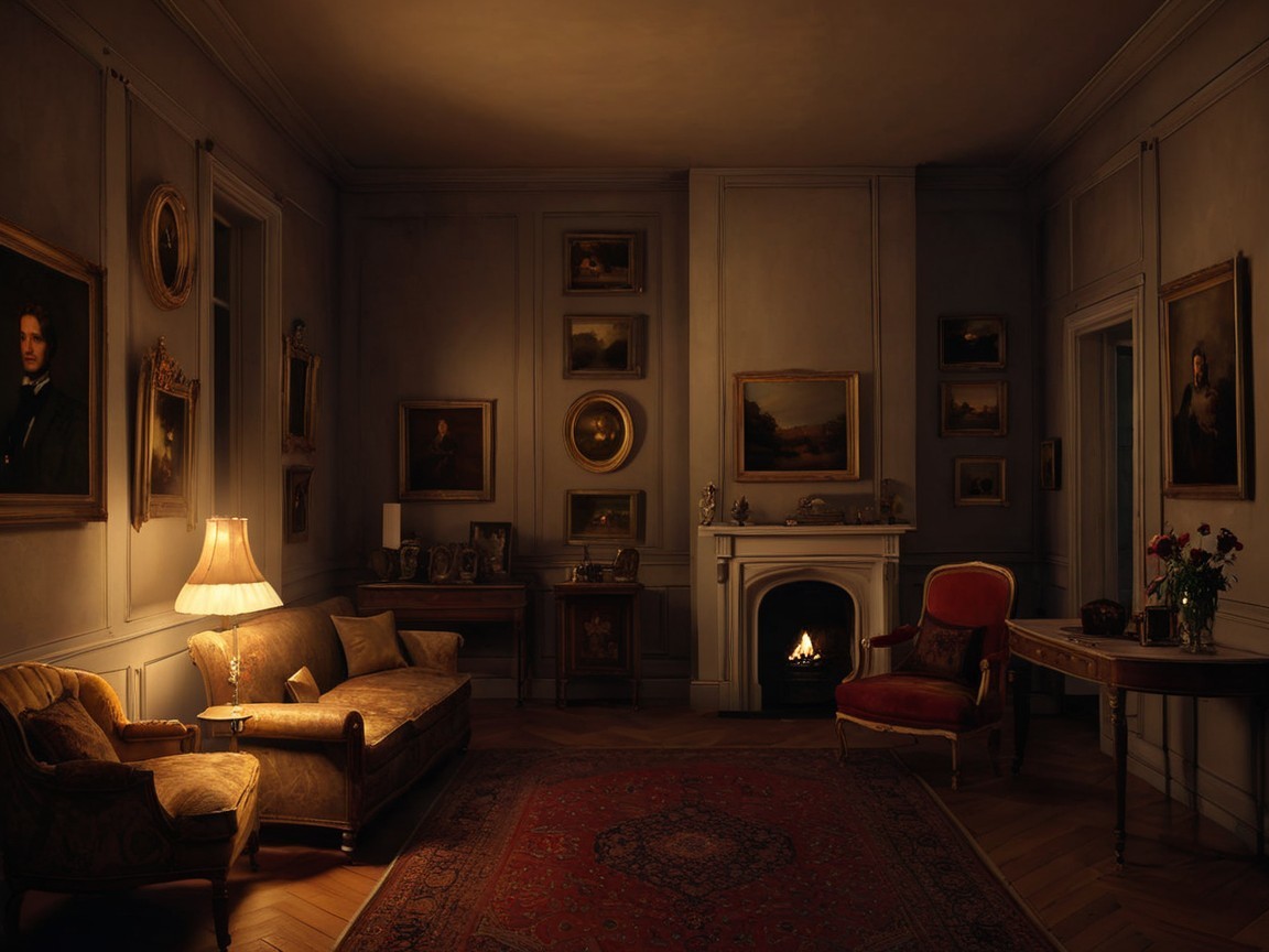 Luxurious Living Room with Classic Artwork and Fireplace