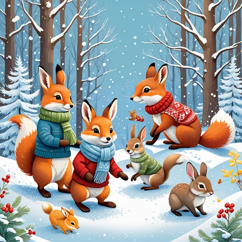Playful Foxes in Colorful Sweaters in Winter Scene