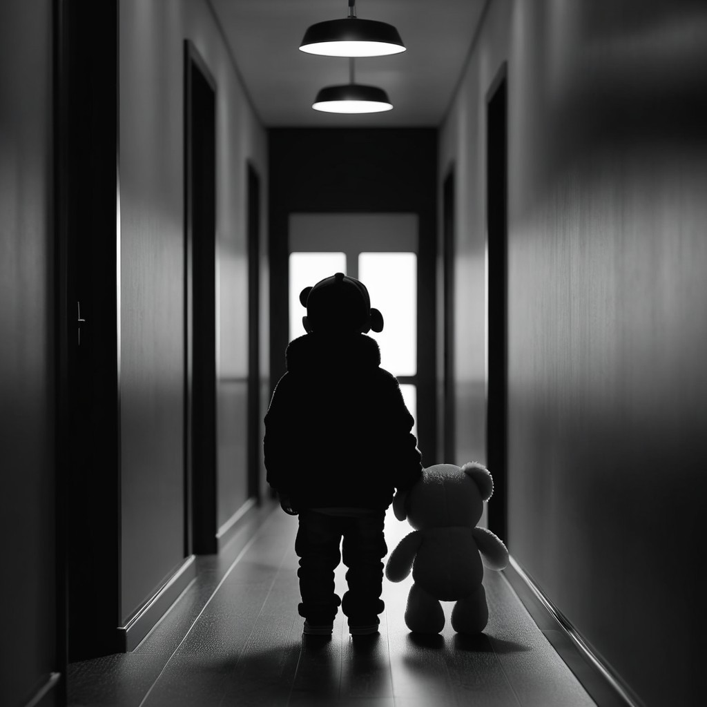 Child with Teddy Bear in Dark Hallway Silhouette