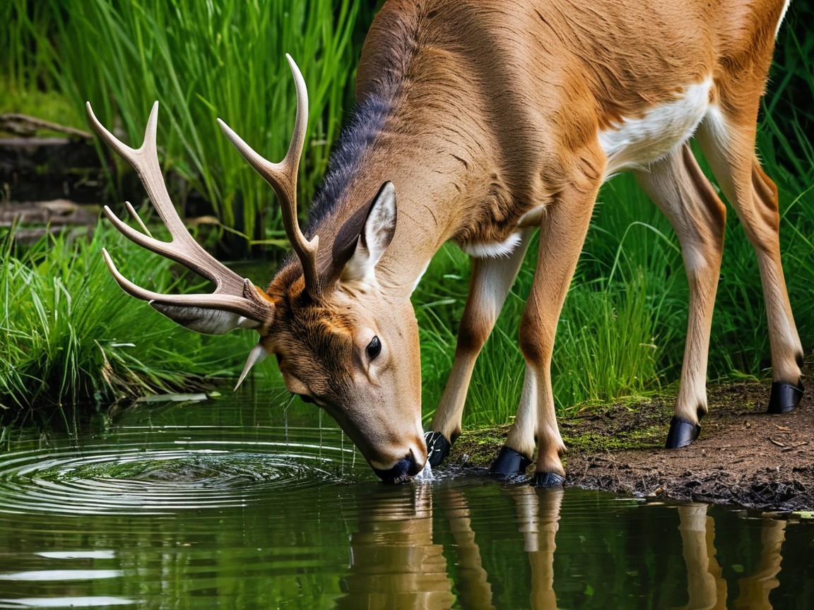 White-tailed deer drinking from a reflective pond