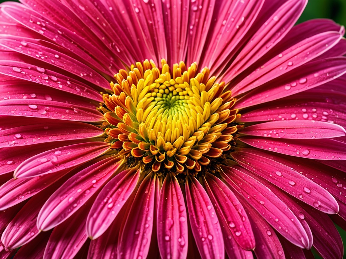 Vibrant Pink Flower with Yellow Core and Water Droplets