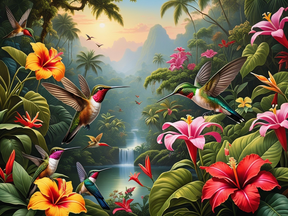 Vibrant Jungle Scene with Hummingbirds and Waterfall