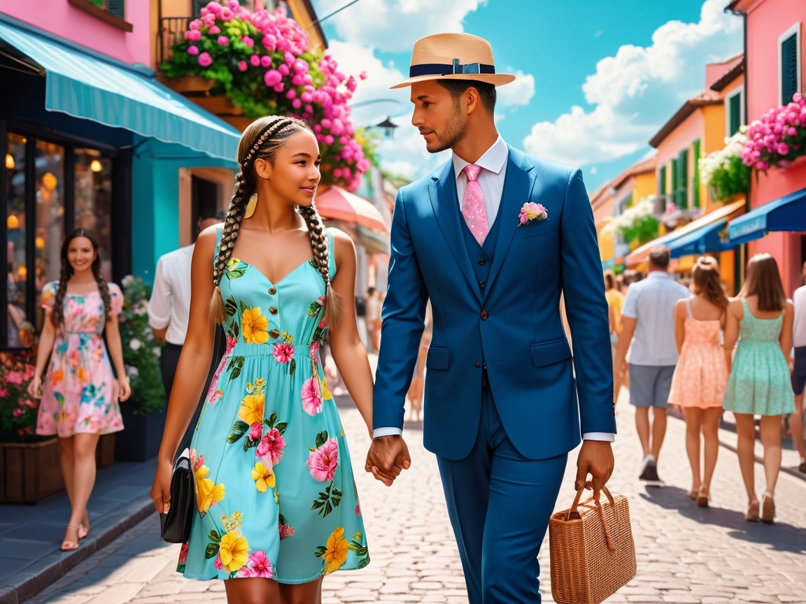 Stylish Couple Walking on a Colorful Street