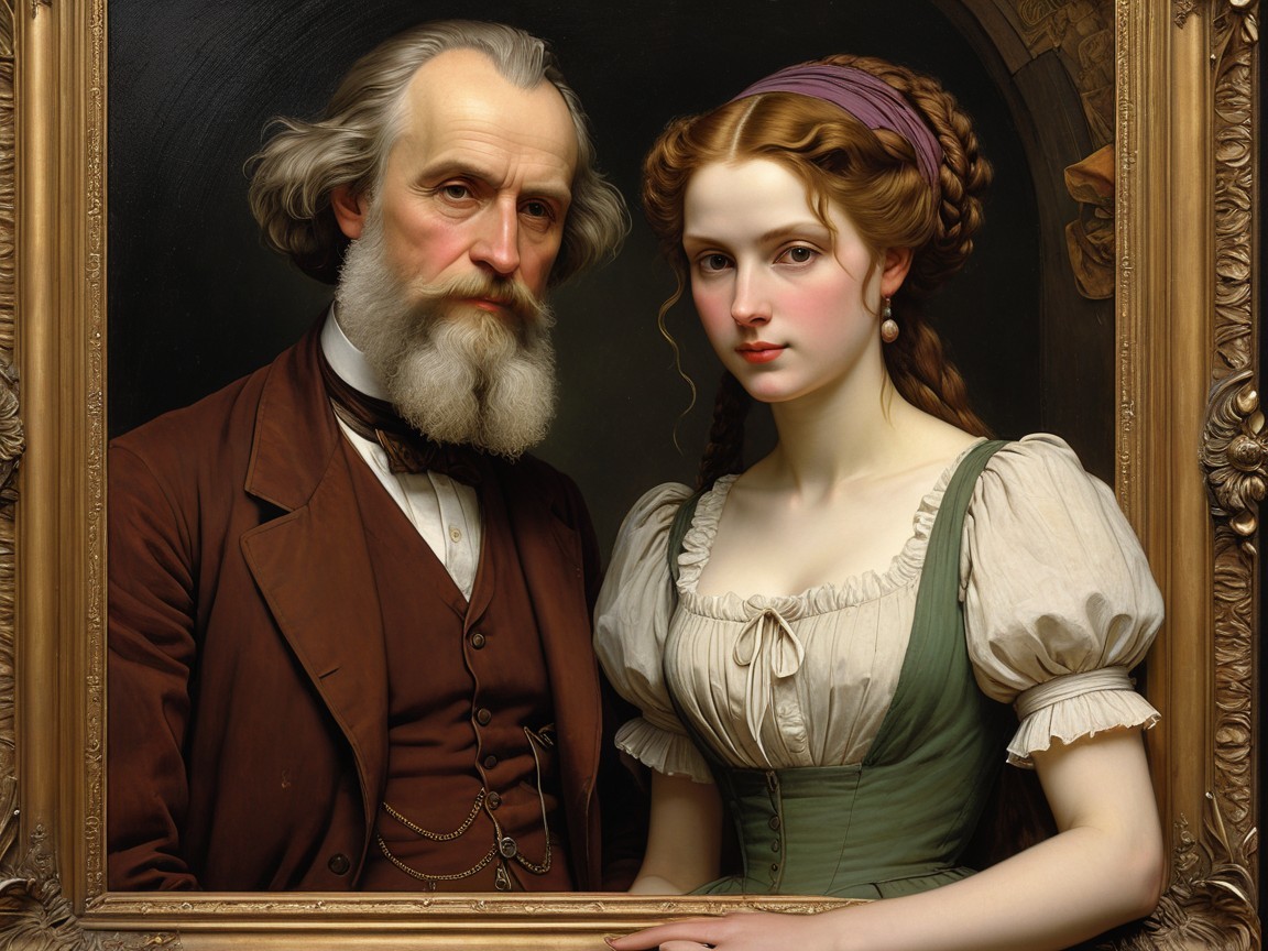 Elderly Man and Young Woman in Ornate Gold Frame