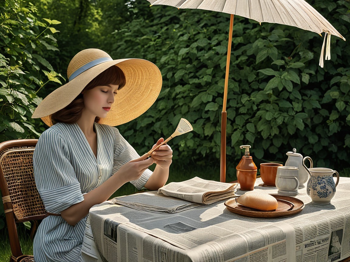Woman in Garden with Straw Hat and Table Items