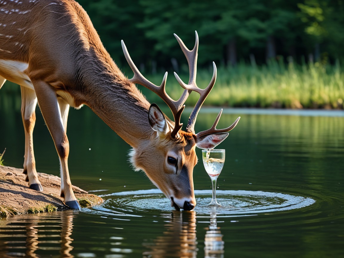 Stag Drinking from Lake with Reflection and Nature Background