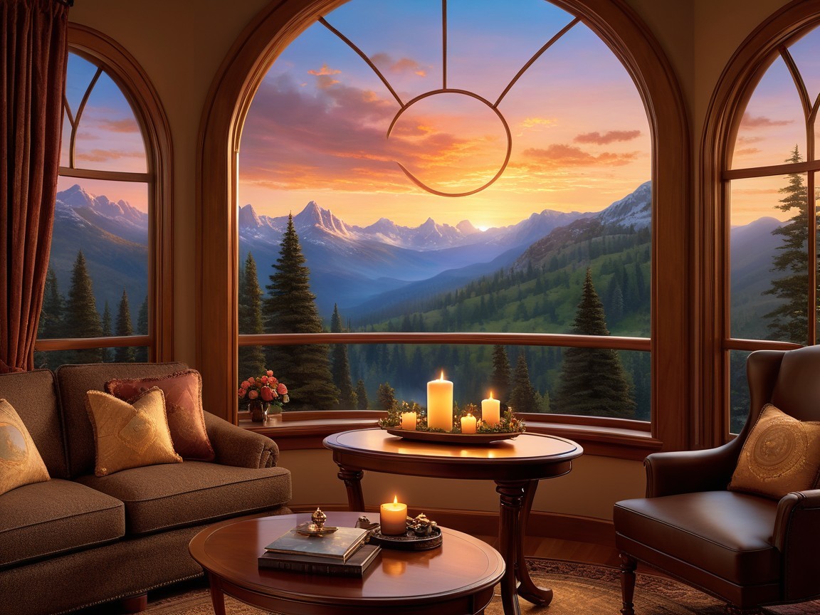 Cozy Living Room with Elegant Furniture and Mountain View