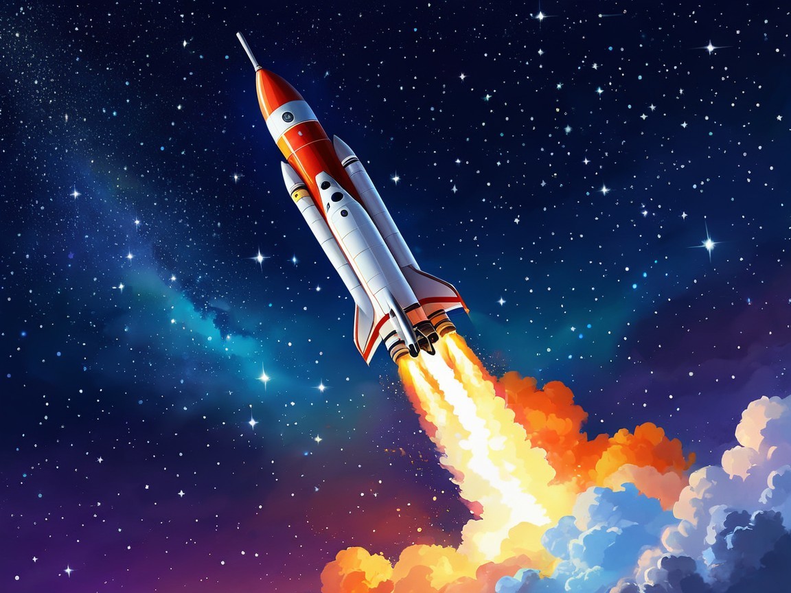 Cartoon Rocket Launching in Starry Night Sky