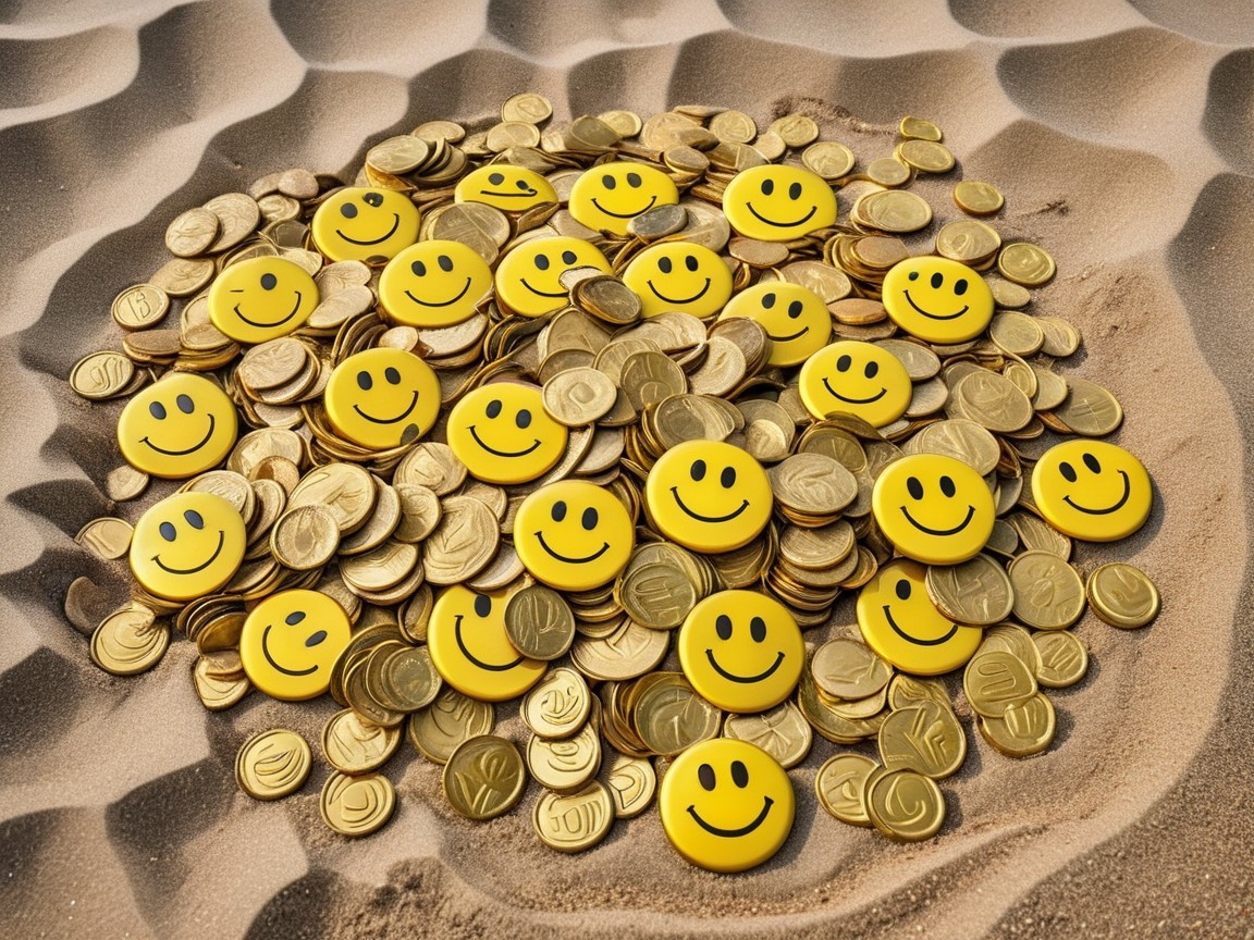Vibrant Gold Coins with Smiley Faces on Sand