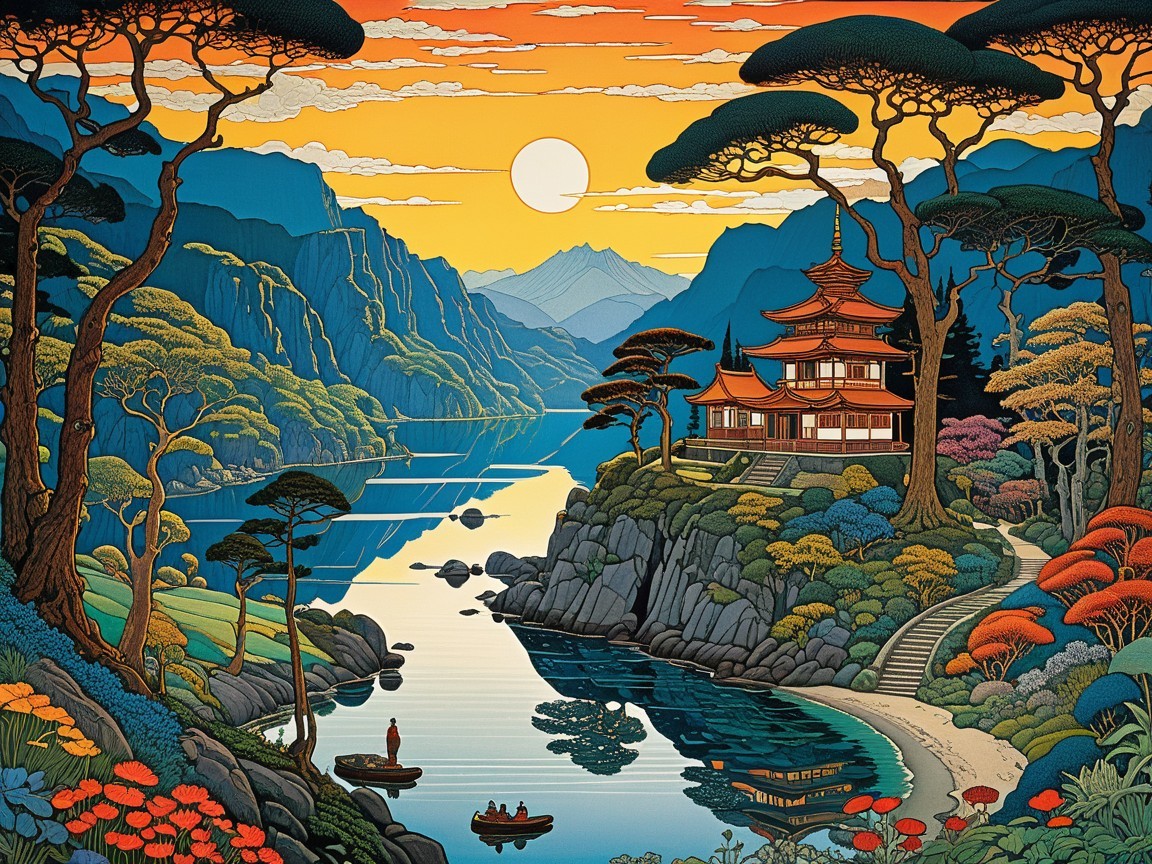 Serene Landscape with Pagoda and Sunset Reflections