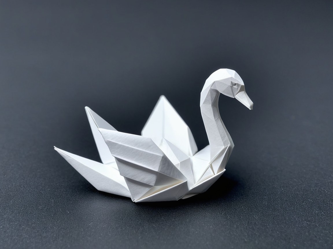 Origami Swan on Dark Surface with Intricate Folds