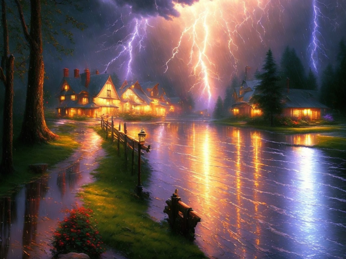 Tranquil Lakeside Village Under Thunderstorm Lights
